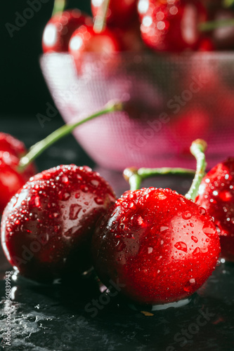 Fresh, wet red cherries on dark background, close-up view