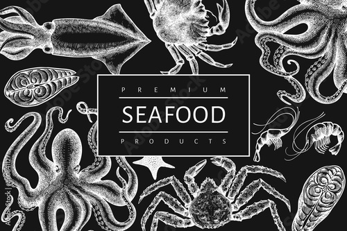 Seafood design template. Hand drawn vector seafood illustration on chalk board. Engraved style food banner. Vintage sea animals background