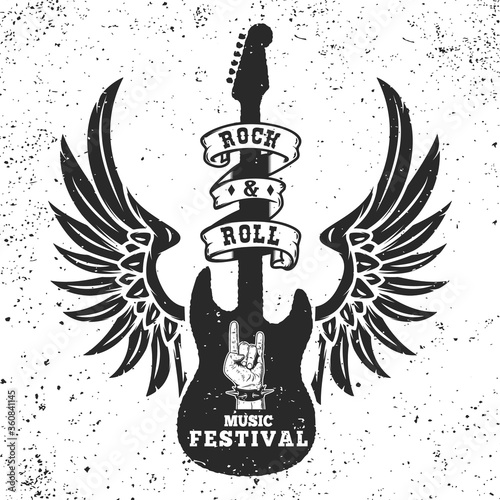 Rock and roll festival poster template. Winged guitar on grunge background. Design element for logo, emblem, card,banner, t-shirt. Vector illustration
