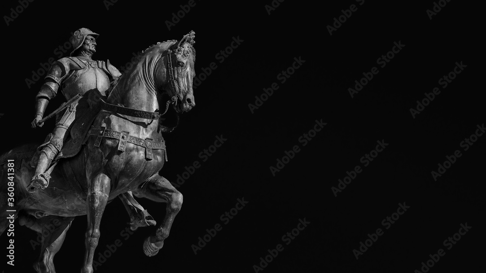 Bartolomeo Colleoni, italian soldier of fortune, bronze equestrian monument in Venice, cast by renaissance artist Verrocchio in the 15th century (Black and White with copy space)