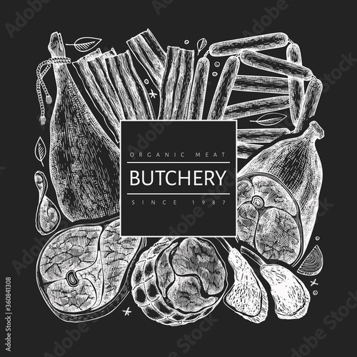 Vintage vector meat products design template. Hand drawn ham, sausages, jamon, spices and herbs. Vintage illustration on chalk board. Can be use for restaurant menu. photo