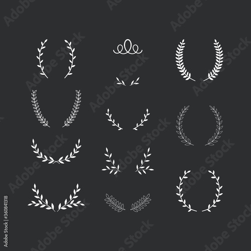 Collection of hand drawn laurels, wreaths and branches.
