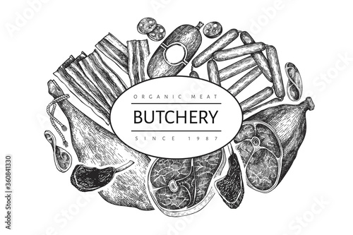 Vintage vector meat products design template. Hand drawn ham, sausages, jamon, spices and herbs. Raw food ingredients. Vintage illustration. Can be use for restaurant menu.