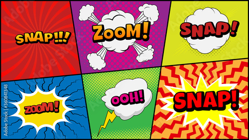 Vector comic speach bubble with prase  Snap, Zoom, Ooh  . Comic cartoon sound bubble speech set on colored background.