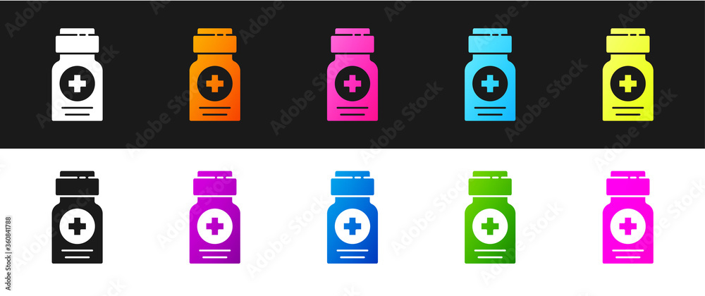 Set Medicine bottle icon isolated on black and white background. Bottle pill sign. Pharmacy design.  Vector Illustration
