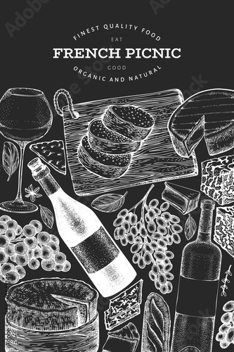 French food illustration design template. Hand drawn vector picnic meal illustrations on chalk board. Engraved style different snack and wine banner. Retro food background.