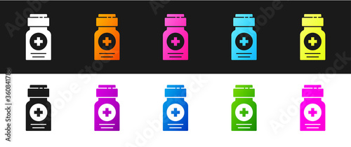 Set Medicine bottle icon isolated on black and white background. Bottle pill sign. Pharmacy design. Vector Illustration