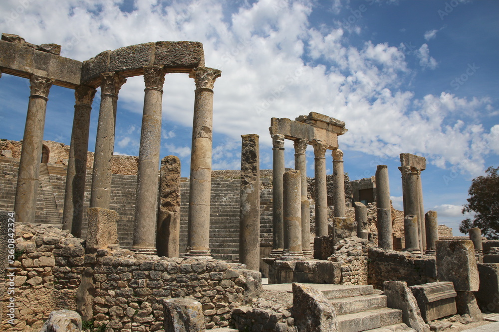 The remains and ruins of Roman theater in Dougga in Tunisia.