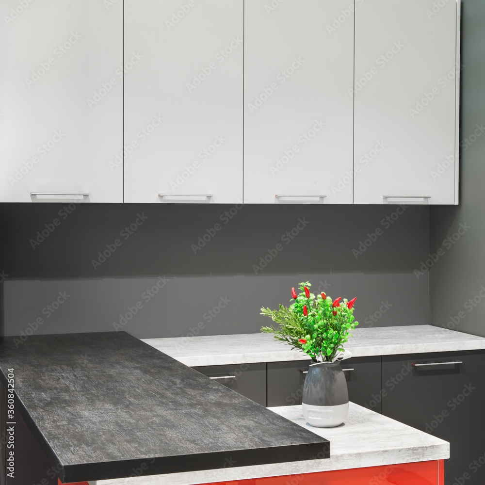 Modern kitchen room interior with furniture and flowers on counter for concept design - light home background Modern kitchen room interior with furniture and flowers on counter for concept design - light home background