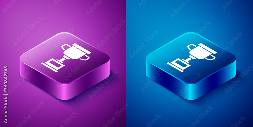 Isometric Award cup icon isolated on blue and purple background. Winner trophy symbol. Championship or competition trophy. Sports achievement sign. Square button. Vector Illustration Isometric Award cup icon isolated on blue and purple background. Winner trophy symbol. Championship or competition trophy. Sports achievement sign. Square button. Vector Illustration
