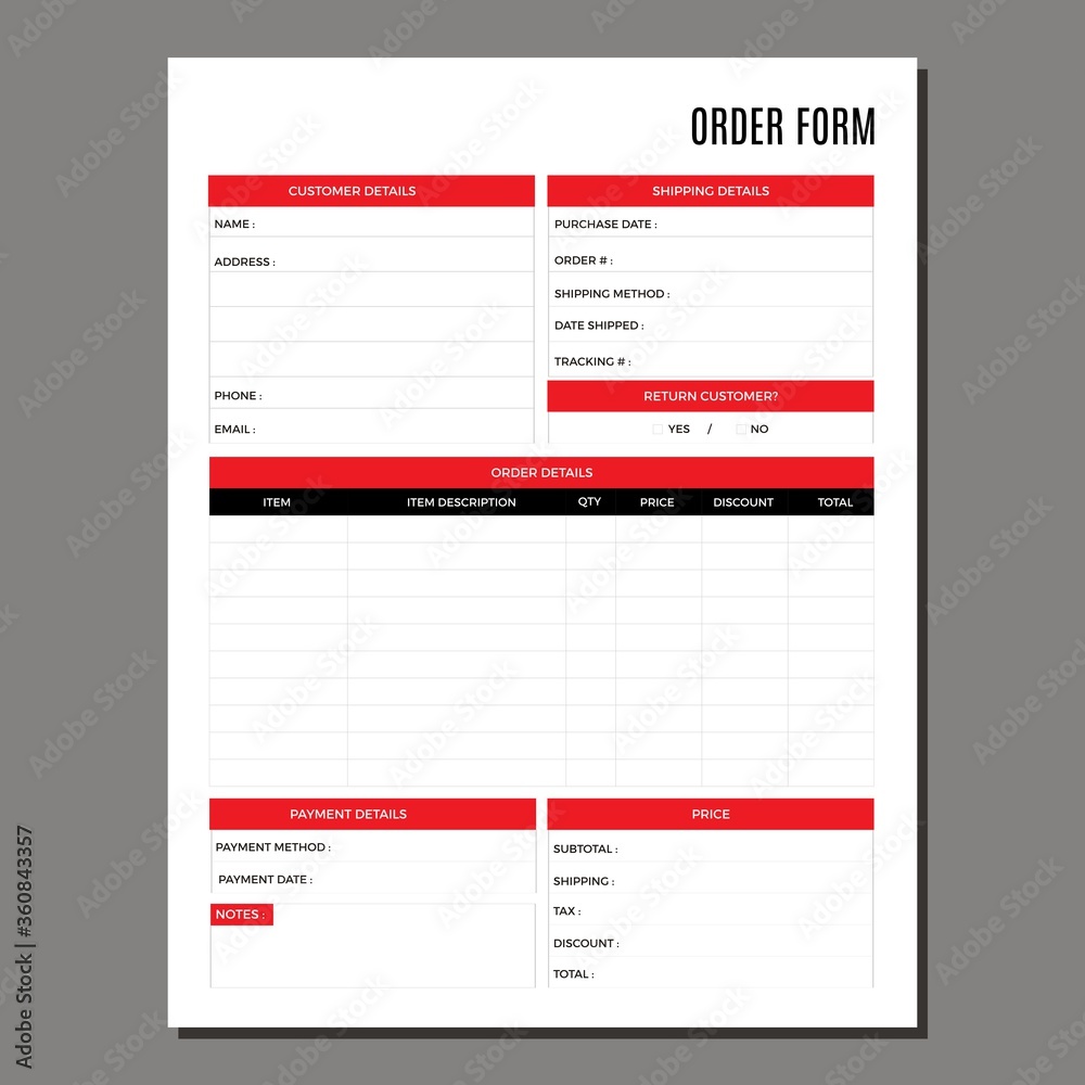 order form planner page