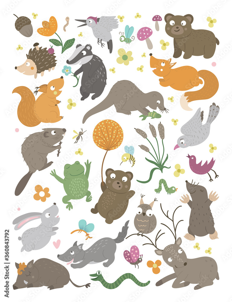 Naklejka premium Set of vector hand drawn flat woodland animals vertical set. Funny animalistic background. Cute forest illustration for children’s design, print, stationery, picture book, poster.