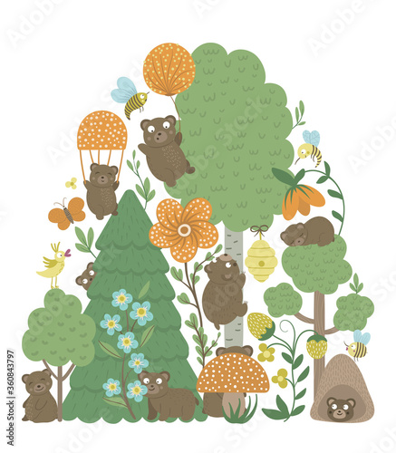 Vector ornate background with cute woodland animals, leaves, insects, trees. Funny forest scene with bears. Bright flat vertical illustration for children. Picture book, hide and seek activity game photo