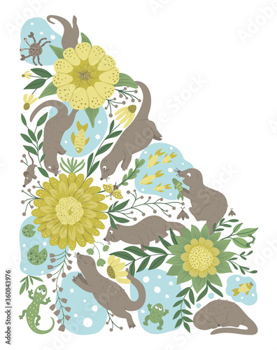 Vector ornate background with cute woodland animals, leaves, flowers, insects. Funny forest scene with otters. Bright flat vertical illustration for children. Picture book, hide and seek activity game