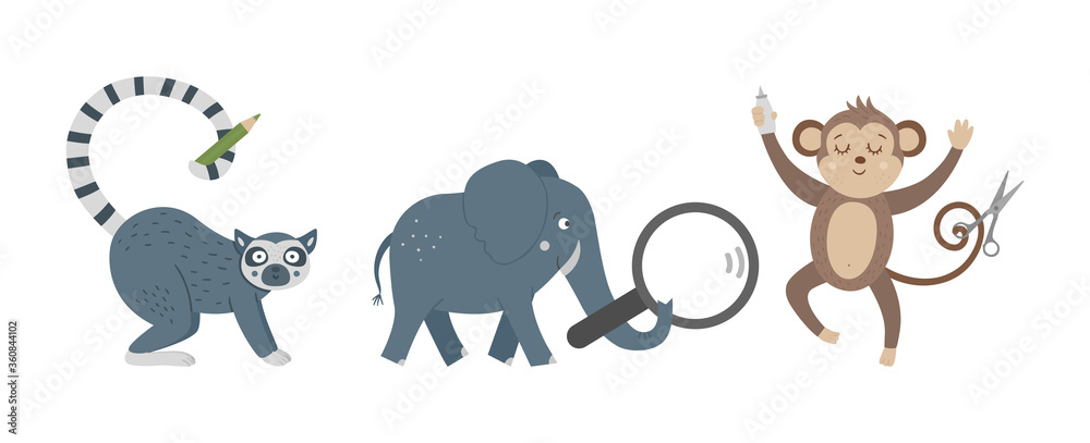 Obraz premium Vector cute monkey, elephant and lemur with magnifying glass, scissors, glue, pencil. Funny tropical exotic animals illustration. School educational activity concept. Jungle summer clipart.