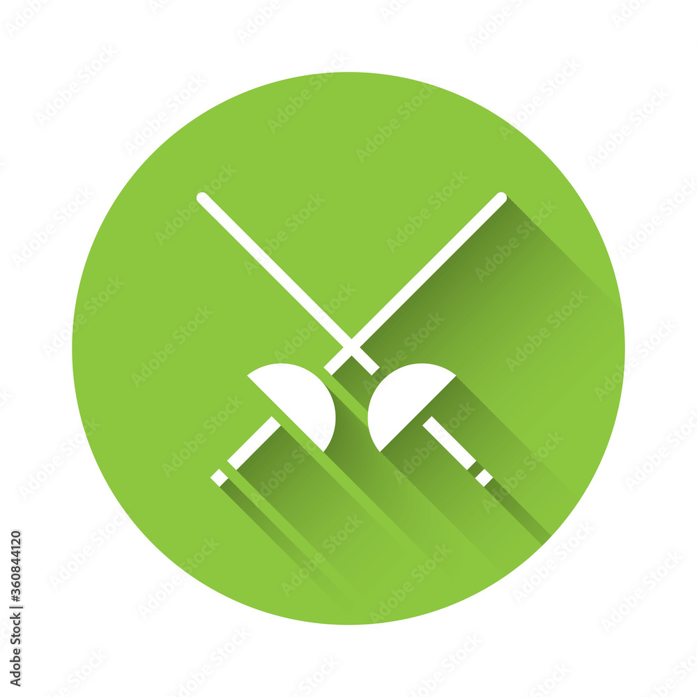 White Fencing icon isolated with long shadow. Sport equipment. Green circle button. Vector Illustration White Fencing icon isolated with long shadow. Sport equipment. Green circle button. Vector Illustration