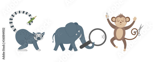 Vector cute monkey, elephant and lemur with magnifying glass, scissors, glue, pencil. Funny tropical exotic animals illustration. School educational activity concept. Jungle summer clipart.