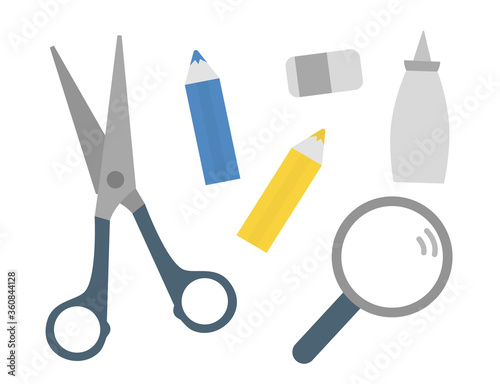 Scissors, pencil, magnifying glass, glue icons isolated on white background. Set of vector stationery for craft or school educational activities. Kids worksheet design element.