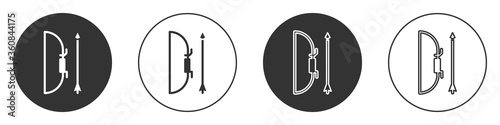Black Bow and arrow in quiver icon isolated on white background. Circle button. Vector Illustration