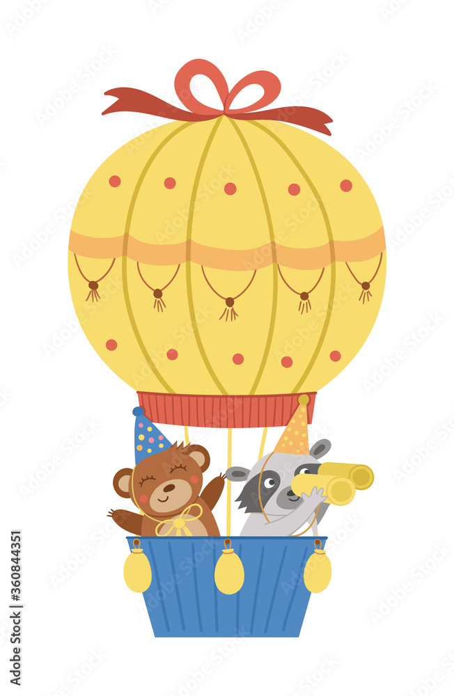Obraz premium Vector cute bear and raccoon in hot air balloon. Funny birthday animals for card, poster, print design. Bright holiday illustration for kids. Cheerful celebration character icon isolated on white
