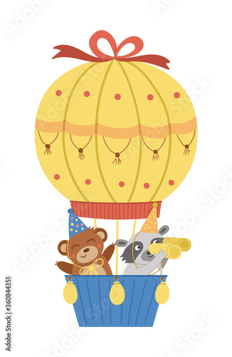 Vector cute bear and raccoon in hot air balloon. Funny birthday animals for card, poster, print design. Bright holiday illustration for kids. Cheerful celebration character icon isolated on white