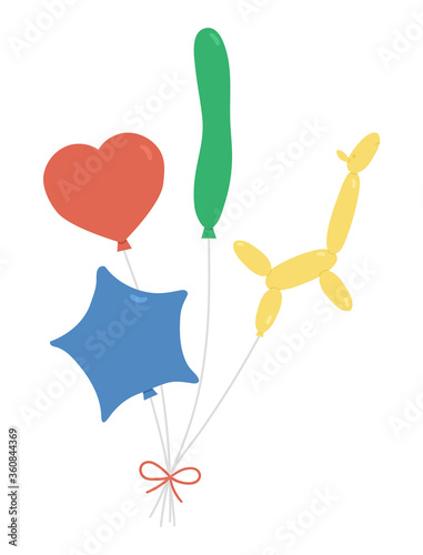 Vector cute bunch of balloons of different shapes with bow. Funny birthday present for card, poster, print design. Bright holiday illustration for kids. Cheerful celebration icon isolated on white