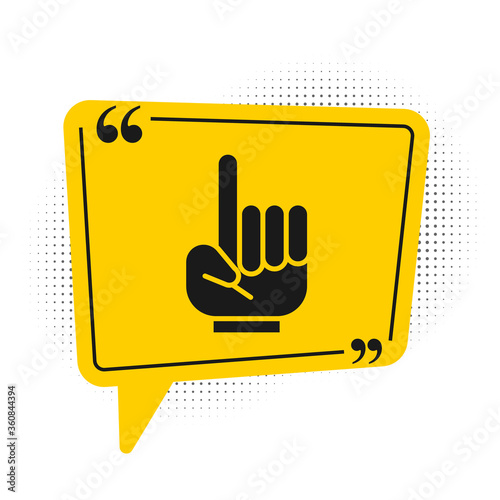 Black Number 1 one fan hand glove with finger raised icon isolated on white background. Symbol of team support in competitions. Yellow speech bubble symbol. Vector Illustration
