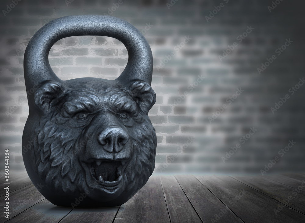 Cast iron kettlebell design a bear head on bricks wall background. illustration. Illustration | Adobe Stock