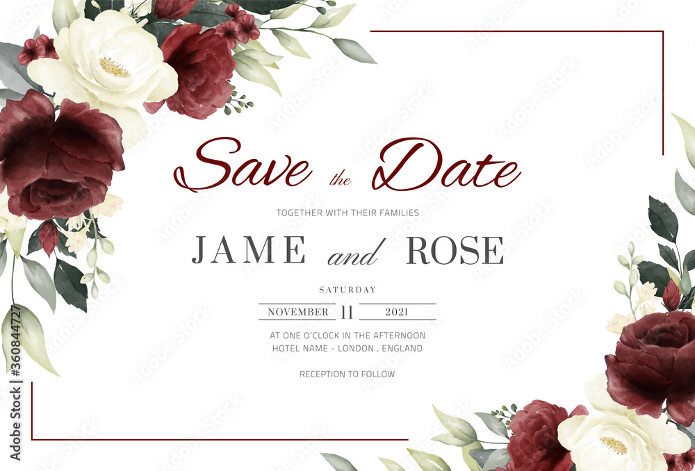 Wedding invitation card template with red and white rose watercolor and  frame vector Stock Vector | Adobe Stock