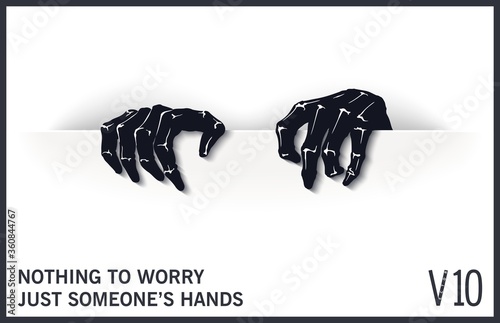 Graphic template with two mystical and scary hands from the slit. Modern style mock-up. Vector design elements
