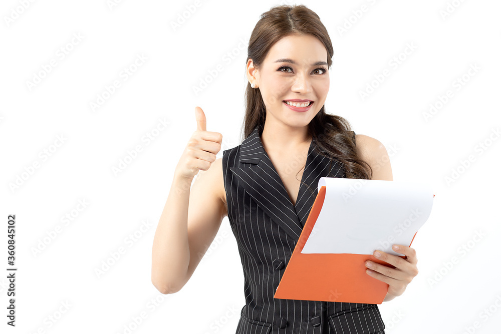 Portrait happy beautiful young asian business woman long hair standing and holding clipboard and holding their thumb up with smile over white background. With copy space for your text. Portrait happy beautiful young asian business woman long hair standing and holding clipboard and holding their thumb up with smile over white background. With copy space for your text.