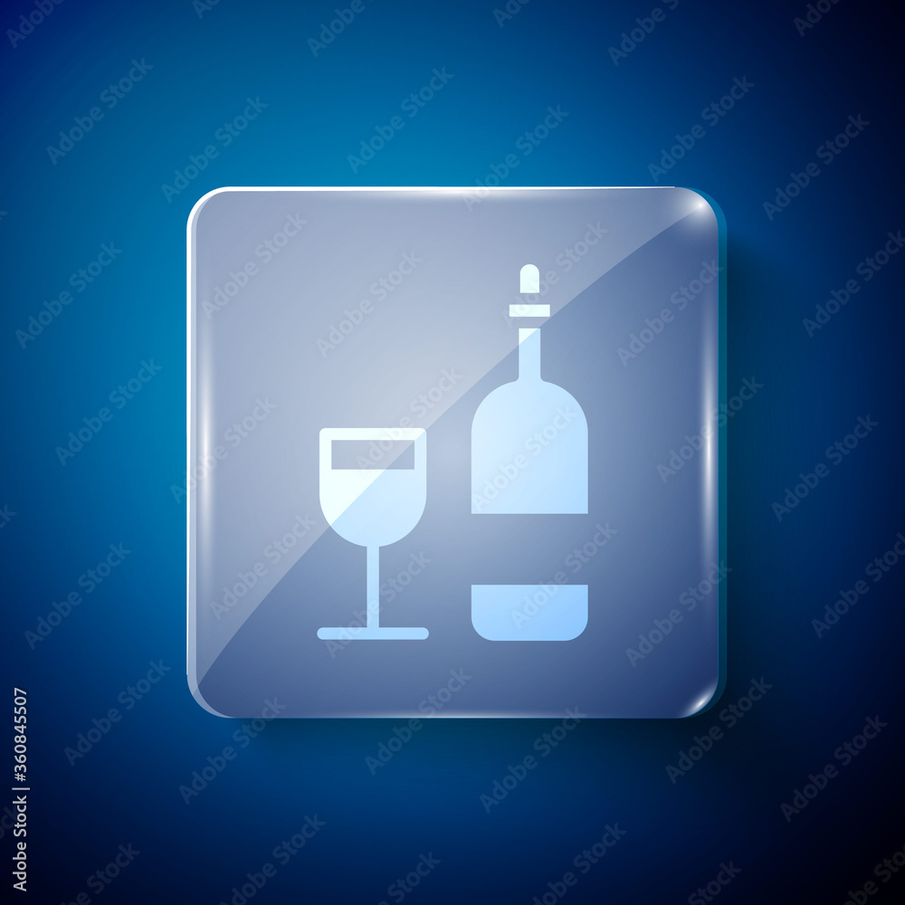 White Wine bottle with glass icon isolated on blue background. Square glass panels. Vector Illustration White Wine bottle with glass icon isolated on blue background. Square glass panels. Vector Illustration