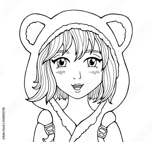 Amazing anime girl. Manga style poster. School girl dressed in hood with animal ears. Happiness concept. Vector fashion illustration. Hand drawn portrait sketch. Comics story. Black and white