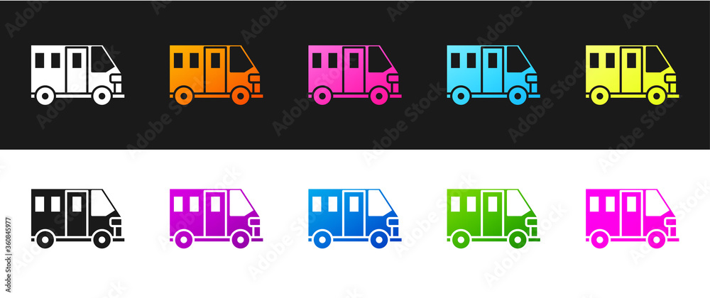Fototapeta premium Set School Bus icon isolated on black and white background. Public transportation symbol. Vector Illustration