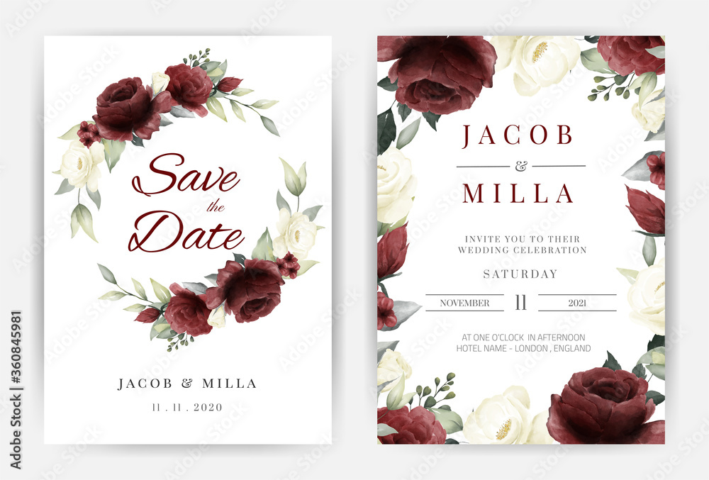 Wedding invitation card set with wreath red and white rose watercolor ...