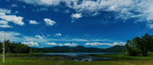 Lake and green scenery landscape with mountain in the background. Shiretoko National Park, Shiretoko Peninsula, Hokkaido, Japan 