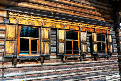 Fragment of old house in Vitoslavlitsy village near Novgorod Great. Russia photo