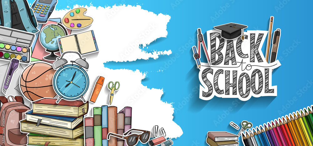 Back to School vector design with colorful education element. vector illustration for first day school celebration - obrazy, fototapety, plakaty 