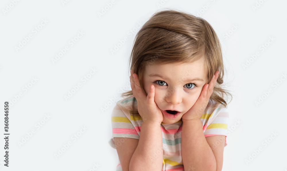 Surprised shocked toddler child with her hands on cheeks and blue eyes wide open. Baby in surprise portrait against white background. Surprised shocked toddler child with her hands on cheeks and blue eyes wide open. Baby in surprise portrait against white background.
