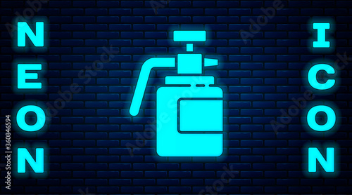 Glowing neon Garden sprayer for water, fertilizer, chemicals icon isolated on brick wall background.  Vector Illustration