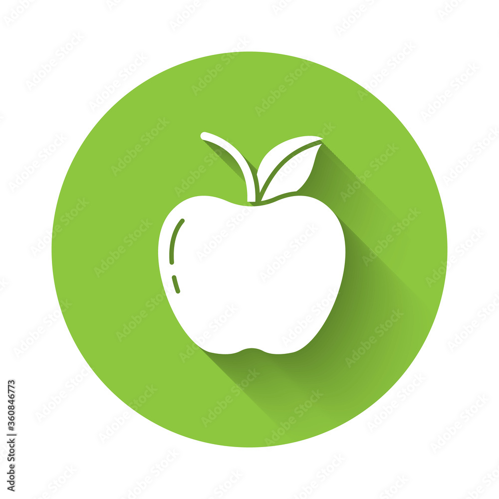 White Apple icon isolated with long shadow. Fruit with leaf symbol. Green circle button. Vector Illustration White Apple icon isolated with long shadow. Fruit with leaf symbol. Green circle button. Vector Illustration