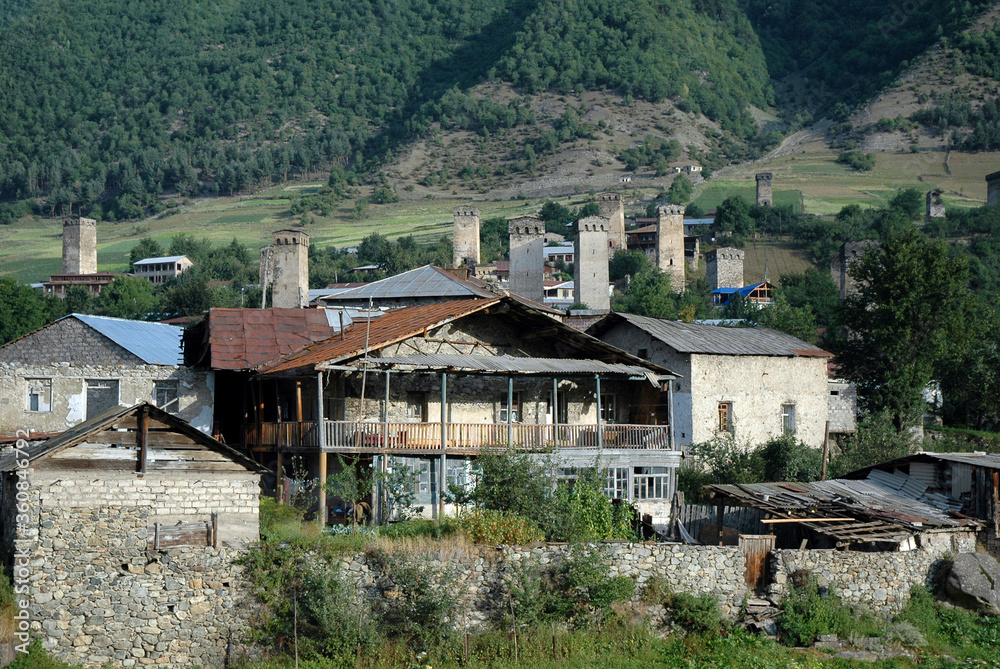 Medieval towers in Mestia village. Svaneti Region, Georgia, Caucasus.