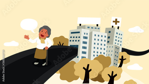 smile old woman walk out from hospital cartoon, elderly care concept