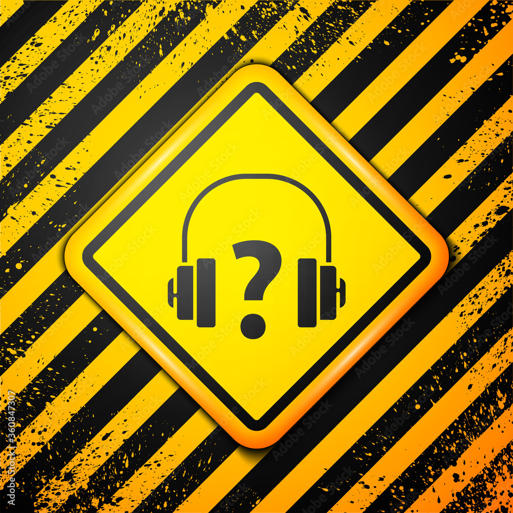 Black Headphones icon isolated on yellow background. Support customer service, hotline, call center, faq, maintenance. Warning sign. Vector Illustration Black Headphones icon isolated on yellow background. Support customer service, hotline, call center, faq, maintenance. Warning sign. Vector Illustration
