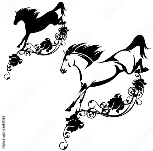Fototapeta Naklejka Na Ścianę i Meble -  beautiful wild horse jumping over rose flower decor - fantasy mustang stallion black and white vector outline and silhouette