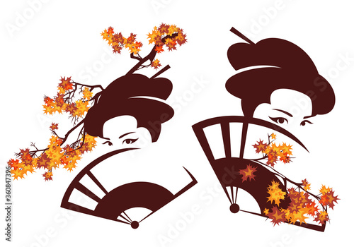 beautiful geisha with face hidden behind hand fan and maple branches - autumn season japanese beauty vector portrait