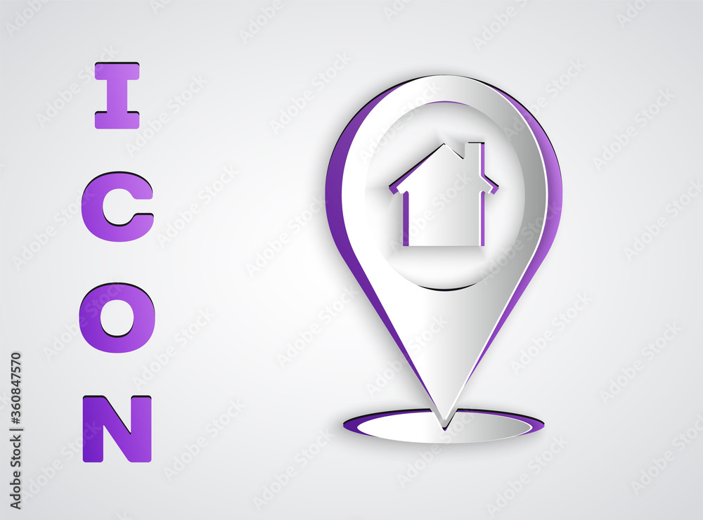 Paper cut Map pointer with house icon isolated on grey background. Home location marker symbol. Paper art style. Vector Illustration Paper cut Map pointer with house icon isolated on grey background. Home location marker symbol. Paper art style. Vector Illustration
