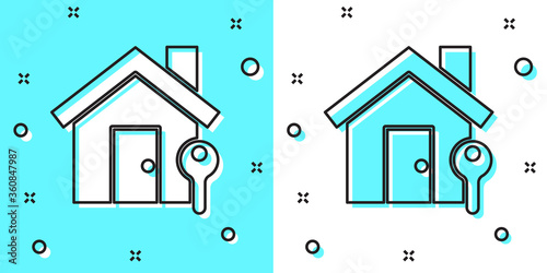 Black line House with key icon isolated on green and white background. The concept of the house turnkey. Random dynamic shapes. Vector Illustration