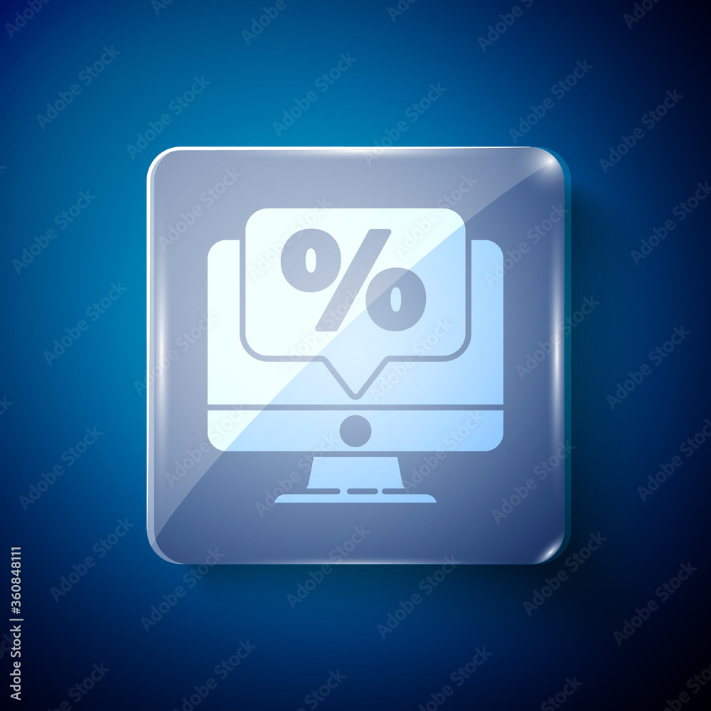 White Percent discount and monitor icon isolated on blue background. Sale percentage - price label, tag. Square glass panels. Vector Illustration White Percent discount and monitor icon isolated on blue background. Sale percentage - price label, tag. Square glass panels. Vector Illustration