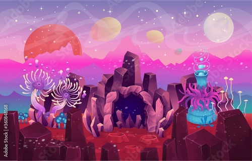 Fantasy landscape with a cave magical plants and mushrooms. Illustration of space or the seabed. Background for games and mobile applications.